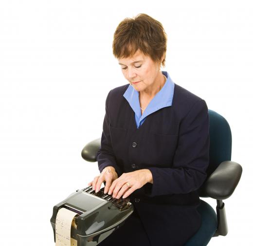 A stenograph machine may be used to transcribe dialogue.